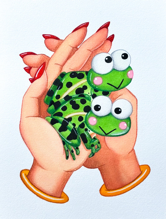 Original Mini Painting: Holding Froggies 6”x8”