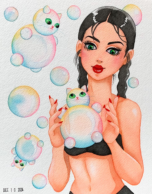 Original Painting Kitty Bubbles 8”x10”